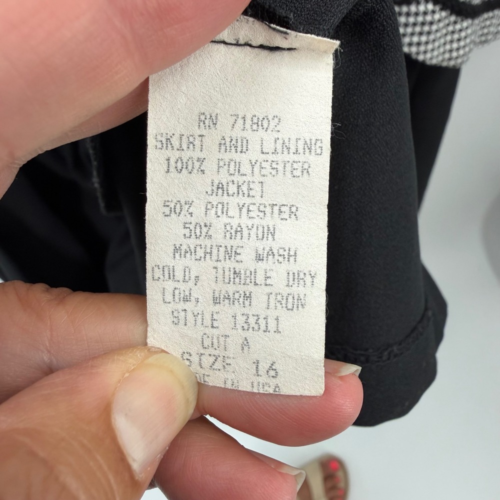 FTLTD vintage 90s Houndstooth Midi Dress Scalloped Trim Size 16 Black White - Picture 5 of 10
